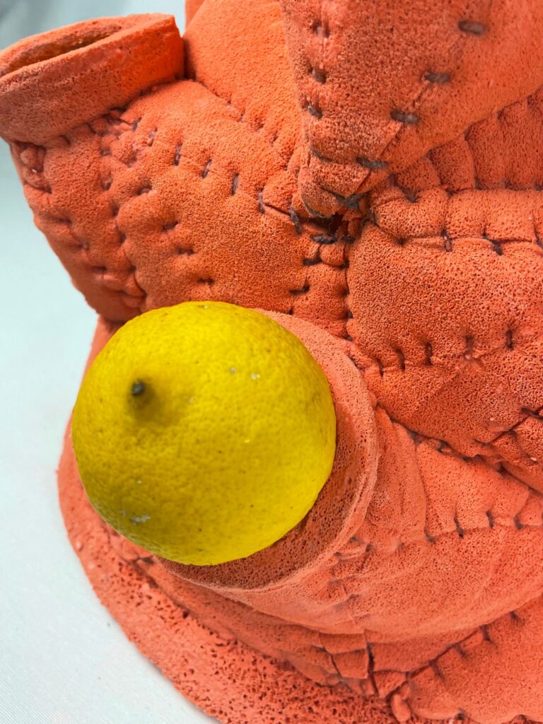 Close-up de uma peça de espuma de superfície rugosa e avermelhada, com um limão encaixado numa cavidade. O contraste entre a cor vibrante do fruto e a textura rústica da cerâmica reforça a materialidade da obra.