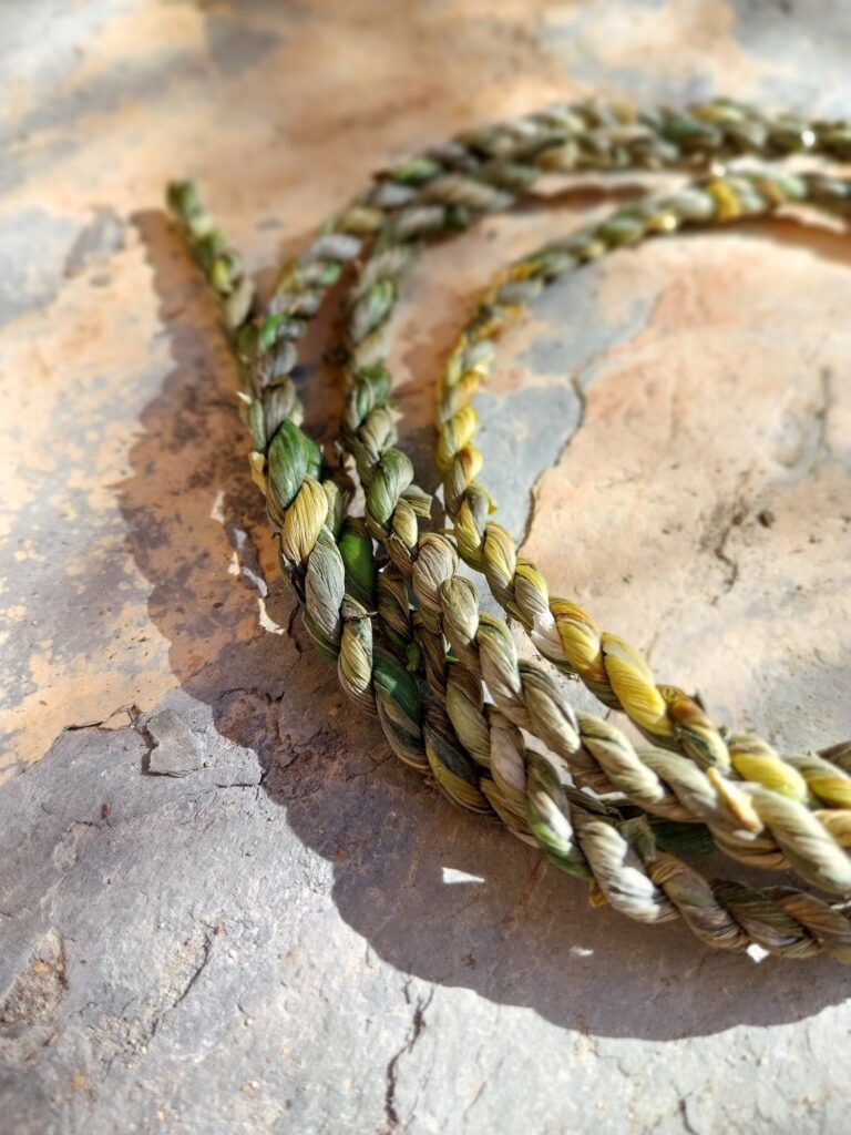 Cordões trançados artesanalmente a partir de fibras vegetais naturais, dispostos sobre uma superfície rústica de pedra. O jogo de luz realça as tonalidades verdes e amarelas das fibras secas, destacando a tradição da cestaria sustentável.